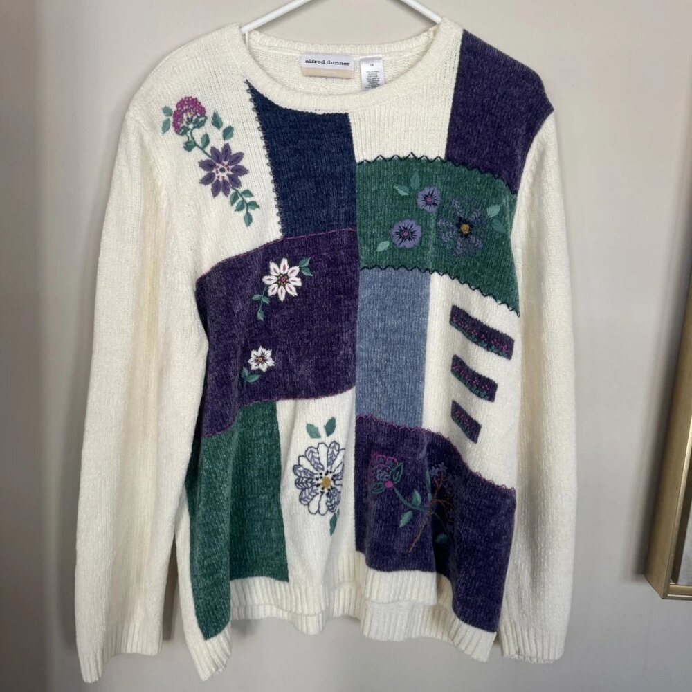 Alfred Dunner Cream Patchwork Embroidered Sweater Grandma Vintage 1X